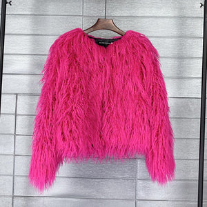 shaggy mongolian faux fur jacket for women in fuchsia Alicefurs