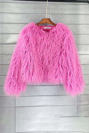 shaggy mongolian faux fur jacket for women in hot pink 3 Alicefurs