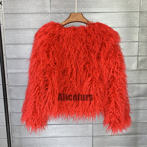 shaggy mongolian faux fur jacket for women in red 1 Alicefurs