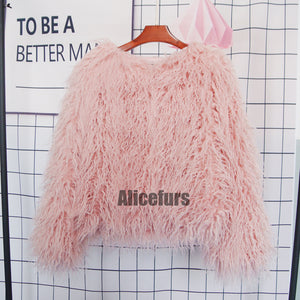 shaggy mongolian faux fur jacket for women in rose pink 1 Alicefurs