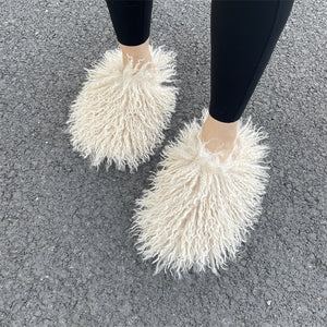 shaggy mongolian fur slippers for women in beige Alicefurs