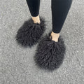 shaggy mongolian fur slippers for women in black Alicefurs