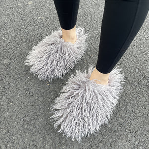 shaggy mongolian fur slippers for women in light gray Alicefurs