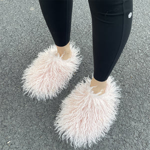 shaggy mongolian fur slippers for women in light pink Alicefurs