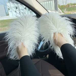 shaggy mongolian fur slippers for women in white 1 Alicefurs