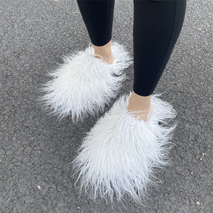 shaggy mongolian fur slippers for women in white Alicefurs