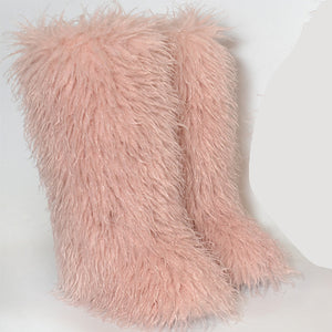 shaggy mongolian tall fur boots and purse matching set for women in coral pink 1 Alicefurs