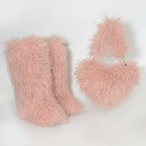 shaggy mongolian tall fur boots and purse matching set for women in coral pink Alicefurs