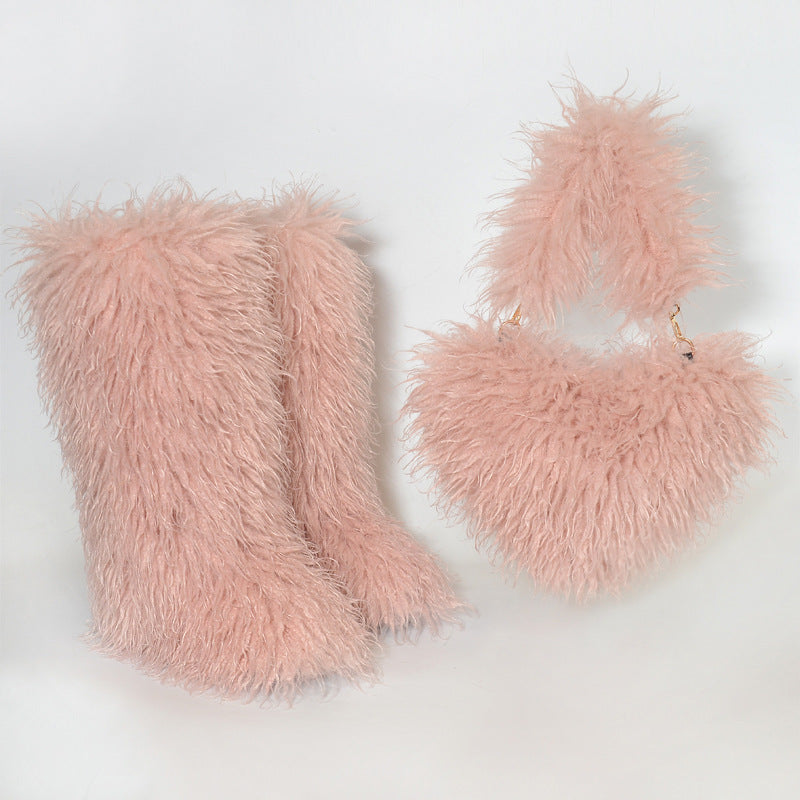 Shaggy Mongolian Tall Fur Boots and Purse Matching Set for Women