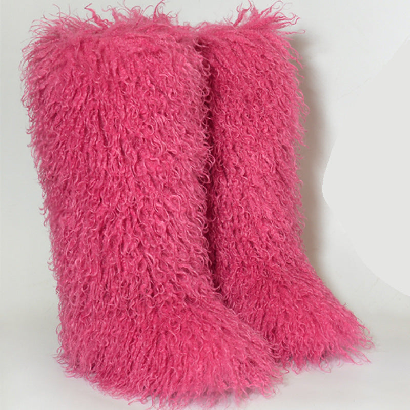 Shaggy Mongolian Tall Fur Boots and Purse Matching Set for Women