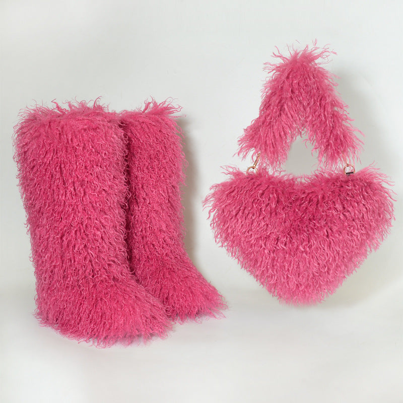Shaggy Mongolian Tall Fur Boots and Purse Matching Set for Women