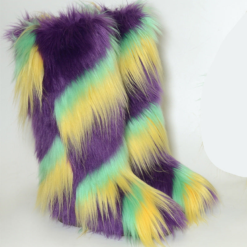 Shaggy Mongolian Tall Fur Boots and Purse Matching Set for Women