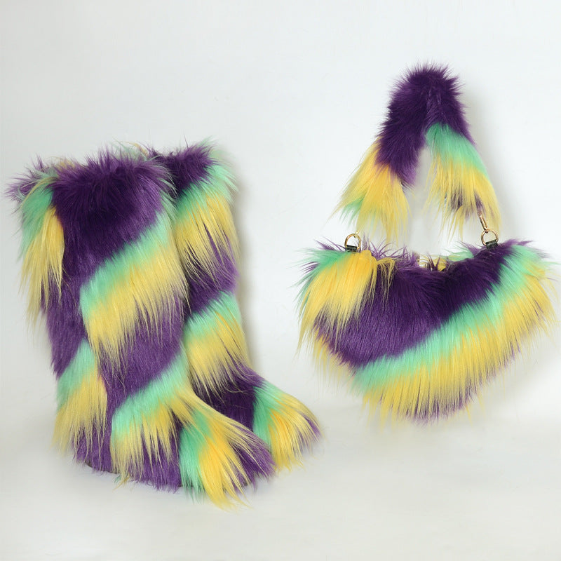 Shaggy Mongolian Tall Fur Boots and Purse Matching Set for Women
