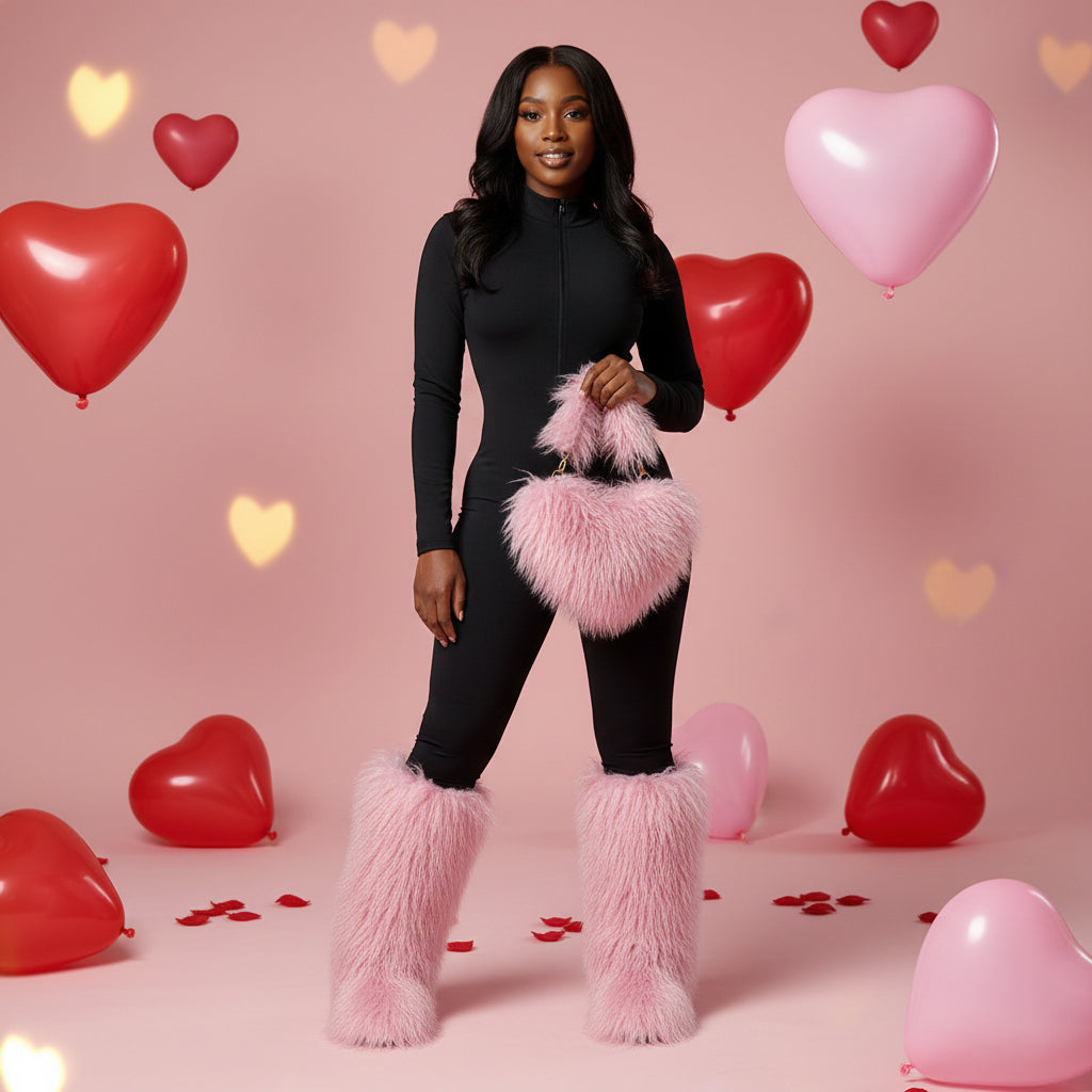 Shaggy Mongolian Tall Fur Boots and Purse Matching Set for Women