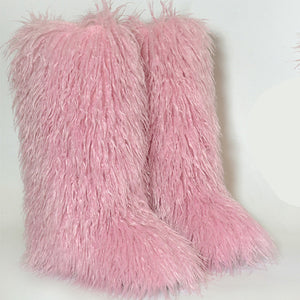shaggy mongolian tall fur boots and purse matching set for women in pink 3 Alicefurs