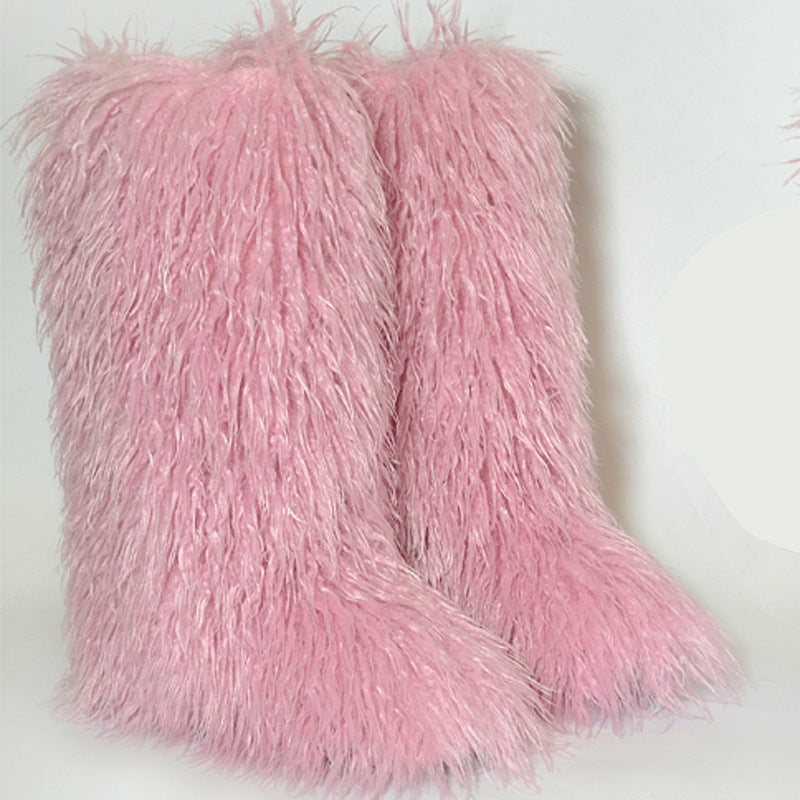 Shaggy Mongolian Tall Fur Boots and Purse Matching Set for Women