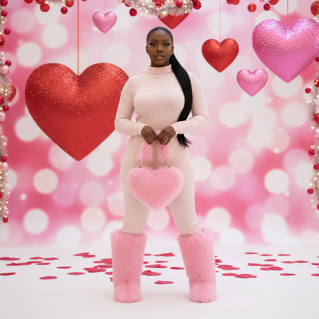 Shaggy Mongolian Tall Fur Boots and Purse Matching Set for Women