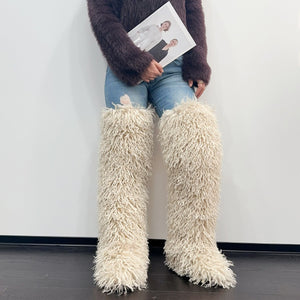 shaggy thigh high fur boots for women in beige Alicefurs