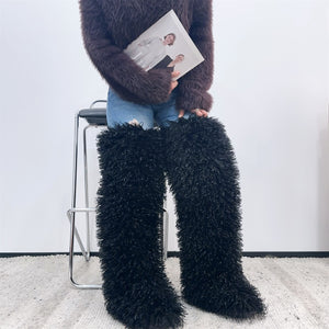 shaggy thigh high fur boots for women in black Alicefurs