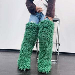 shaggy thigh high fur boots for women in green 1 Alicefurs