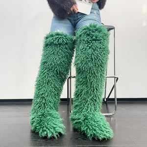 shaggy thigh high fur boots for women in green 2 Alicefurs