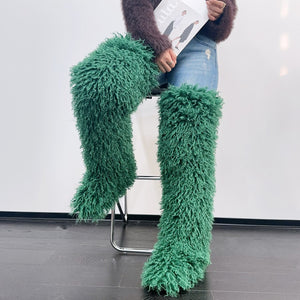 shaggy thigh high fur boots for women in green Alicefurs
