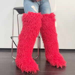 shaggy thigh high fur boots for women in red 1 Alicefurs