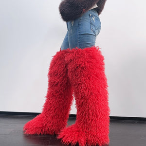 shaggy thigh high fur boots for women in red 2 Alicefurs