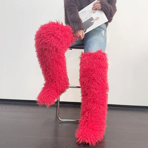 shaggy thigh high fur boots for women in red Alicefurs