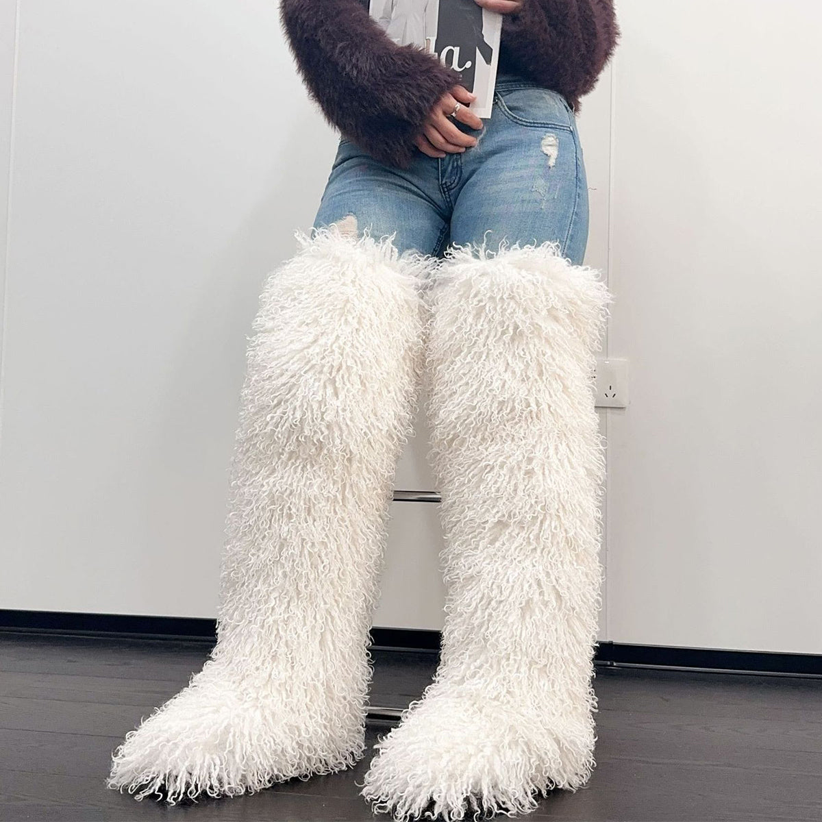 Shaggy Thigh High Fur Boots for Women