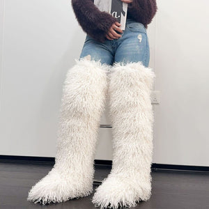 shaggy thigh high fur boots for women in white 1 Alicefurs