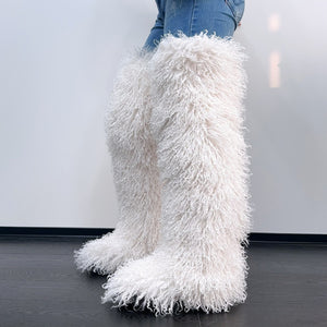 shaggy thigh high fur boots for women in white 2 Alicefurs