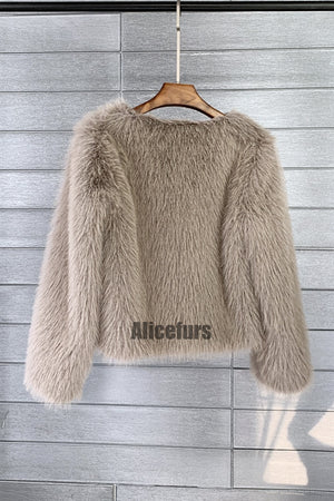 short faux fur jacket collarless winter fuzzy outwear for women in khaki 1 Alicefurs