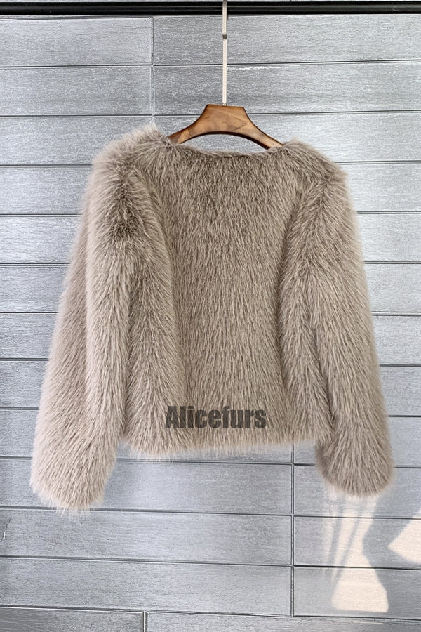 Short Faux Fur Jacket Collarless Winter Fuzzy Outwear for Women