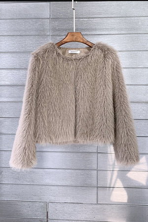 short faux fur jacket collarless winter fuzzy outwear for women in khaki Alicefurs