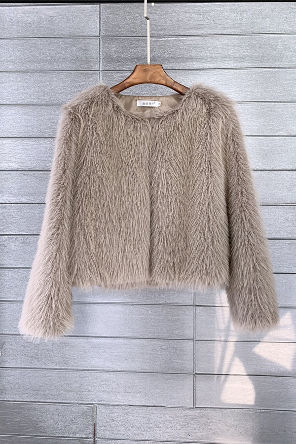 Short Faux Fur Jacket Collarless Winter Fuzzy Outwear for Women