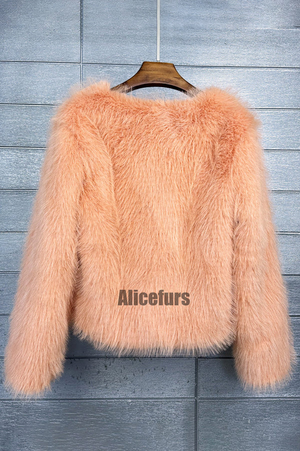 Short Faux Fur Jacket Collarless Winter Fuzzy Outwear for Women