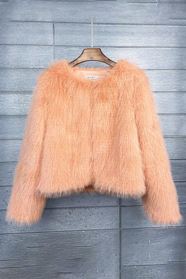 Short Faux Fur Jacket Collarless Winter Fuzzy Outwear for Women