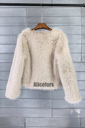 short faux fur jacket collarless winter fuzzy outwear for women in tan 1 Alicefurs