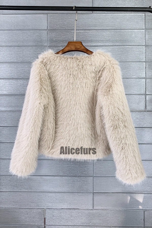 Short Faux Fur Jacket Collarless Winter Fuzzy Outwear for Women