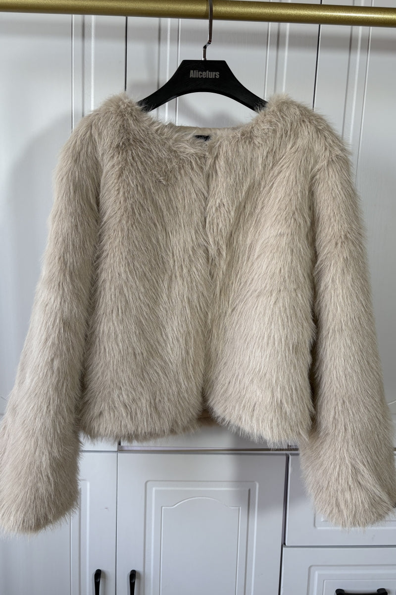 Short Faux Fur Jacket Collarless Winter Fuzzy Outwear for Women