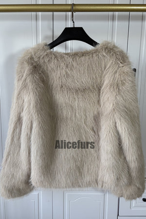 short faux fur jacket collarless winter fuzzy outwear for women in tan 3 Alicefurs