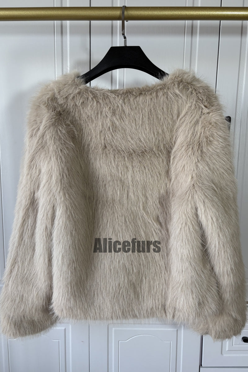 Short Faux Fur Jacket Collarless Winter Fuzzy Outwear for Women
