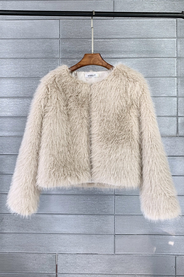 Short Faux Fur Jacket Collarless Winter Fuzzy Outwear for Women