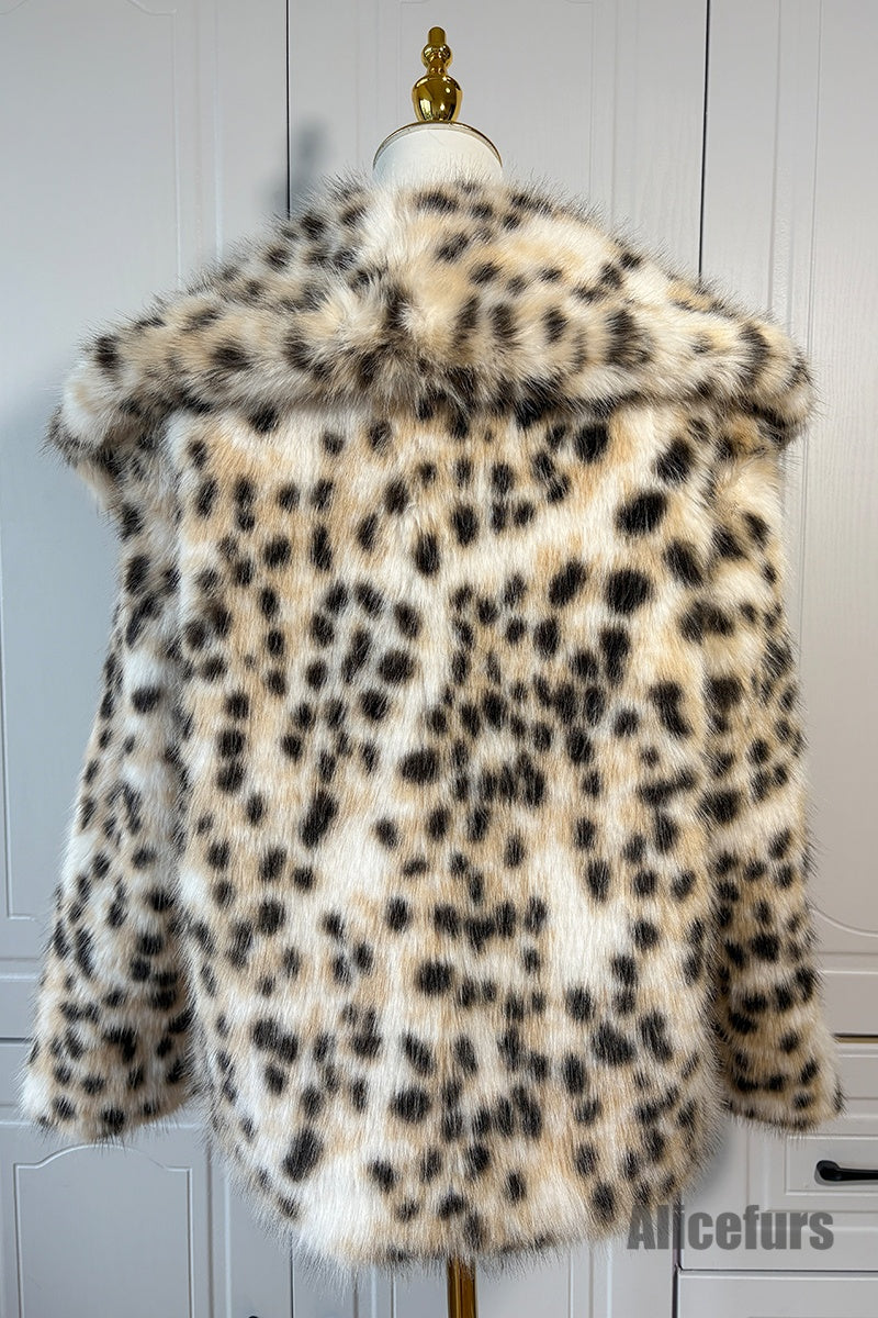 Snow Leopard Fur Coat Animal Print Fluffy Jacket for Women