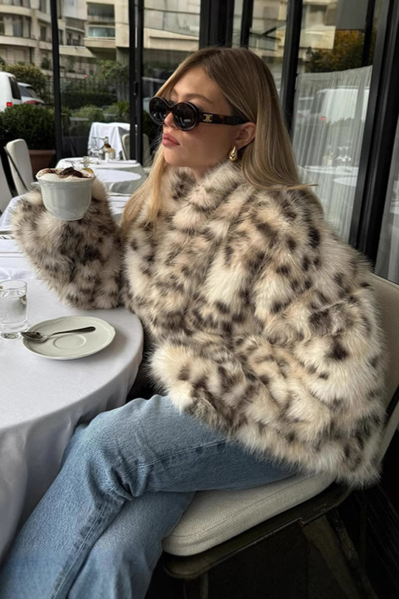 Snow Leopard Fur Coat Animal Print Fluffy Jacket for Women