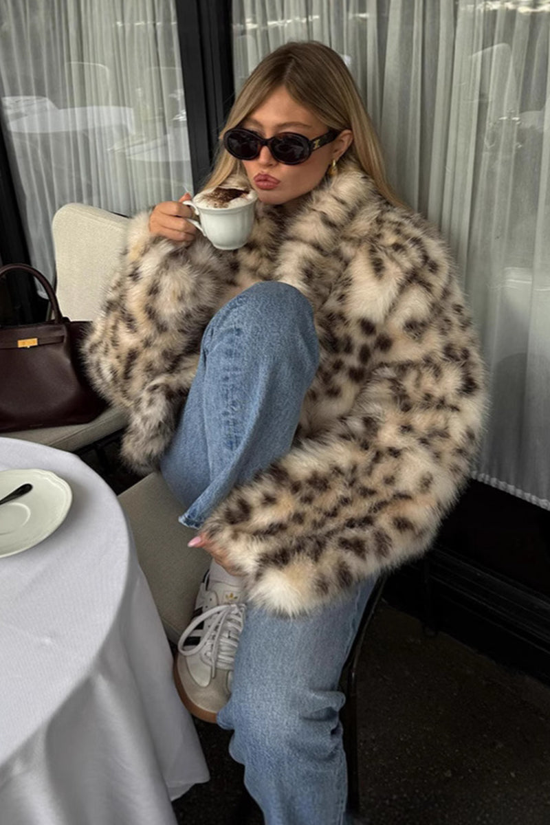 Snow Leopard Fur Coat Animal Print Fluffy Jacket for Women