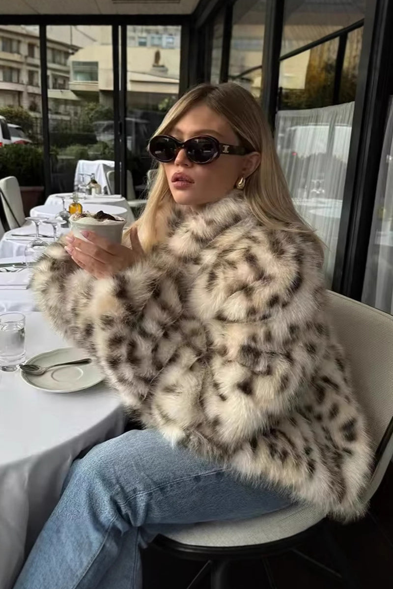 Snow Leopard Fur Coat Animal Print Fluffy Jacket for Women