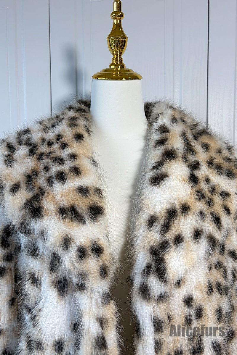 Snow Leopard Fur Coat Animal Print Fluffy Jacket for Women