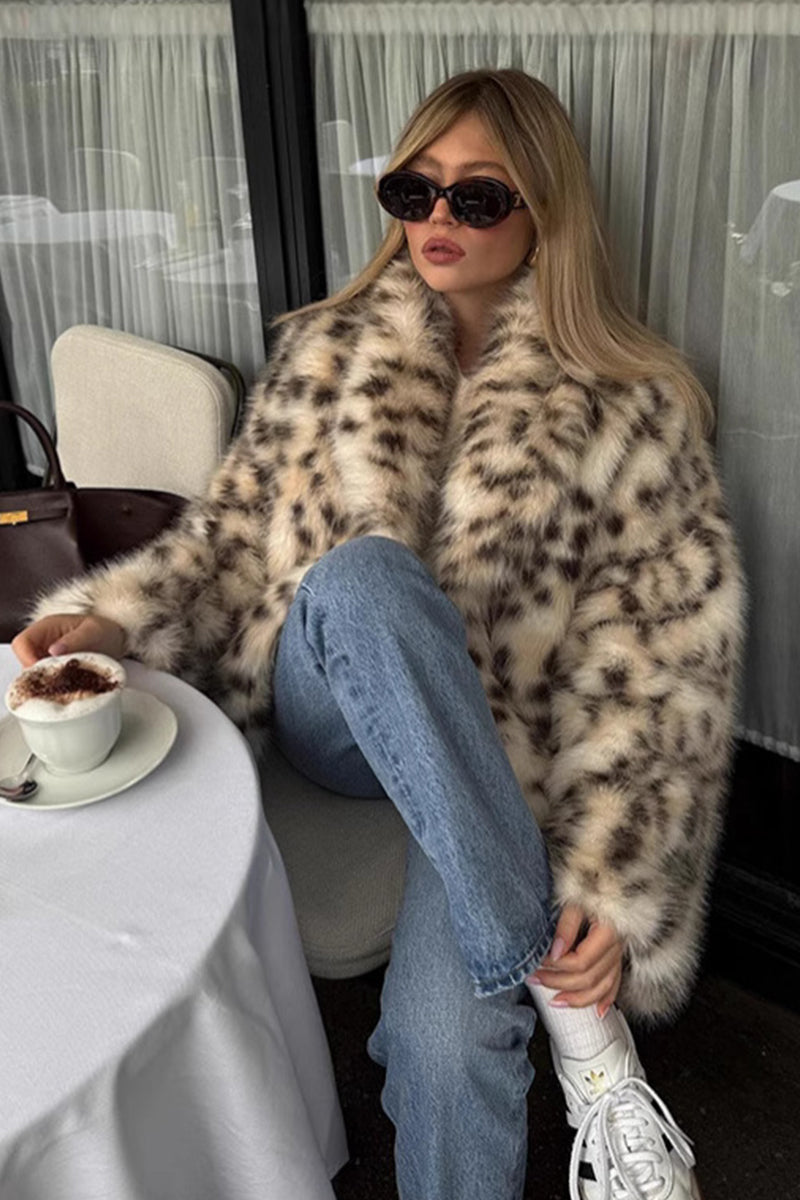 Snow Leopard Fur Coat Animal Print Fluffy Jacket for Women